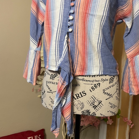 Girl Krazy Cropped Blouse Bell Flared Sleeves Stripped Front Button/Tie Size M - Picture 3 of 7